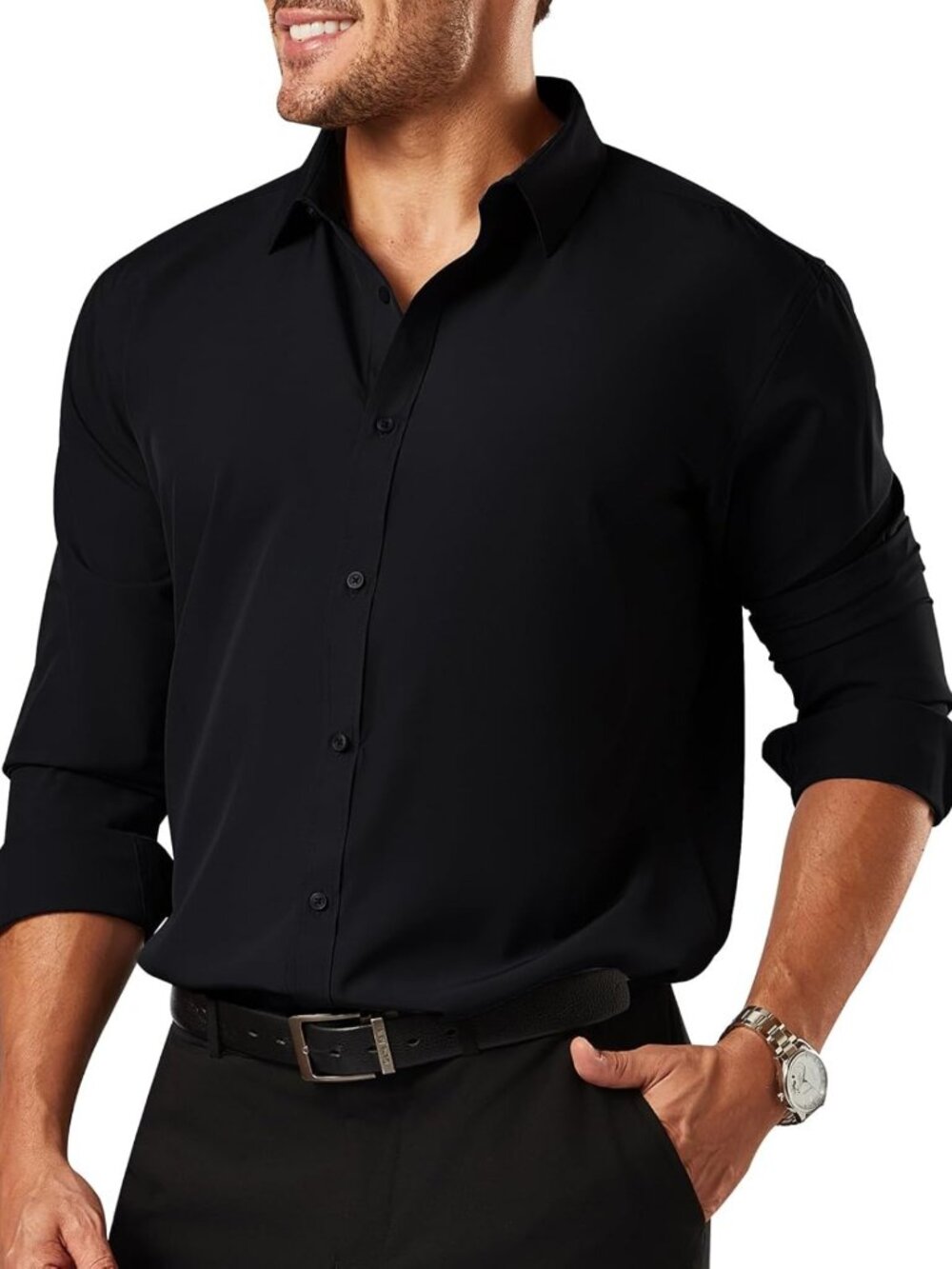 Men's Long Sleeve Stretch Dress Shirt - Button Down Formal Business Attire